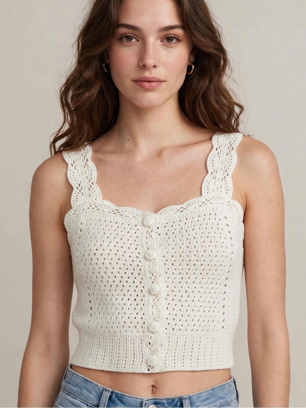 BCX Cream Crochet Button Tank